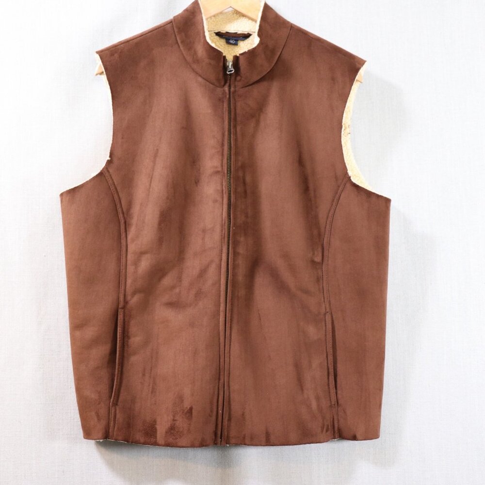 Lands End Faux Suede Sherpa Vest Women’s XL Petite 18-20 Brown Lined Full Zip - Picture 12 of 16